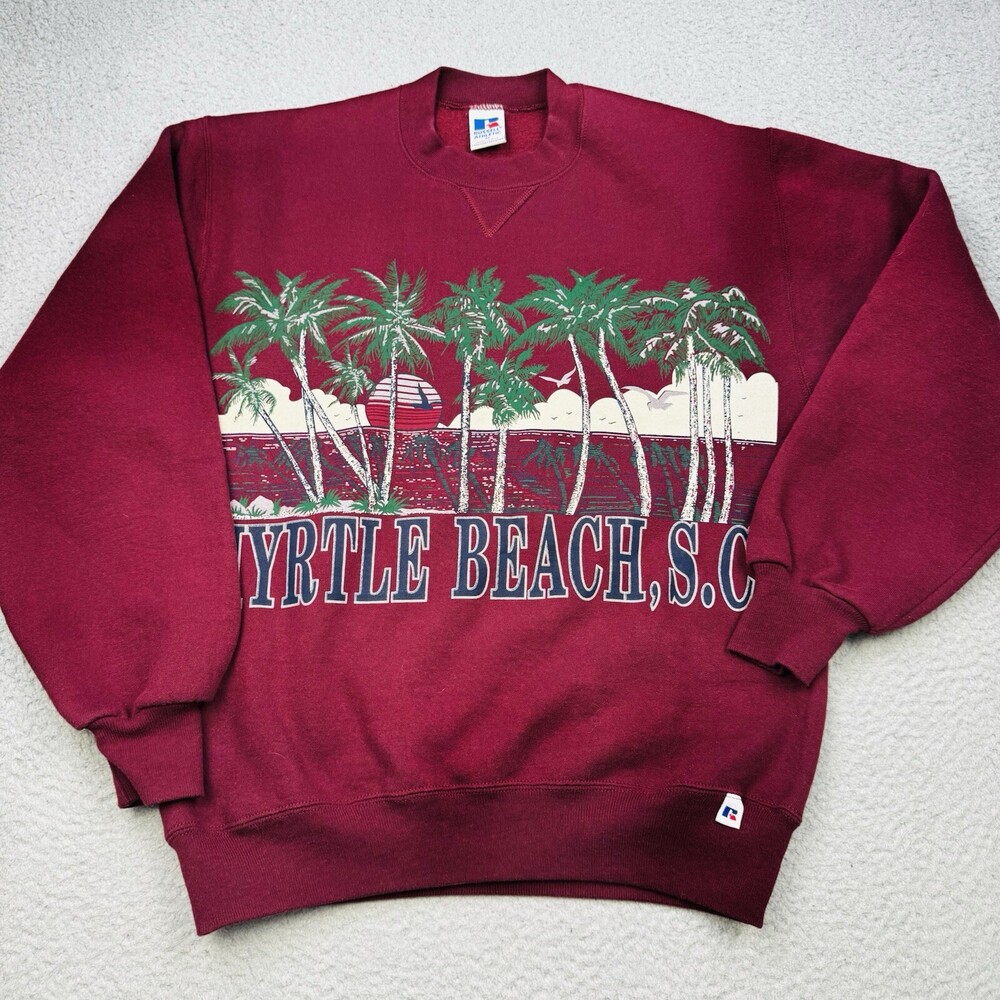VINTAGE MYRTLE BEACH Sweatshirt Mens Medium Burgandy Russell Made in USA